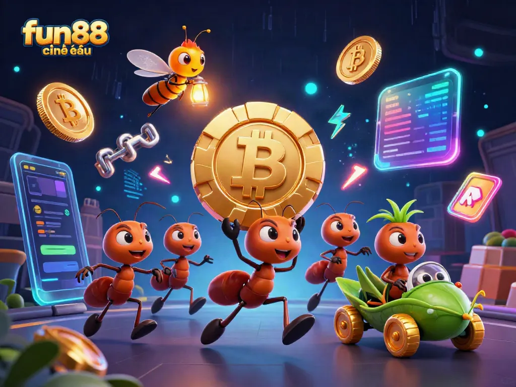 Fun88 chính thức highlights a thrilling heist scene with cartoon ants capturing a giant poker chip while cryptocurrencies surround them in a vibrant casino setting.