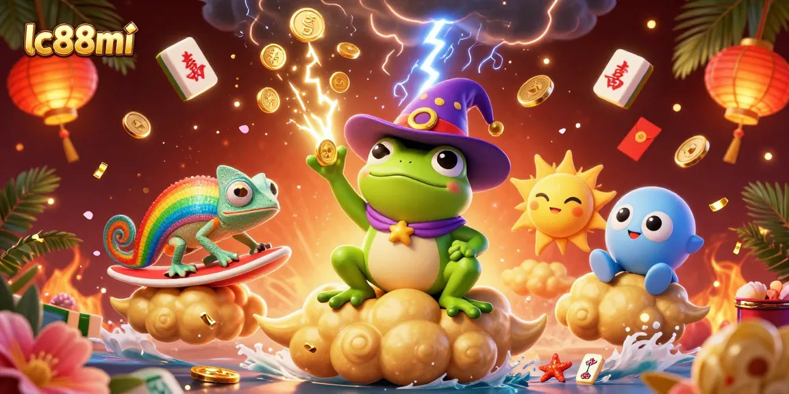 Engage with the exciting world of lc88mi's games as a wizard frog conjures coins under a magical sky.