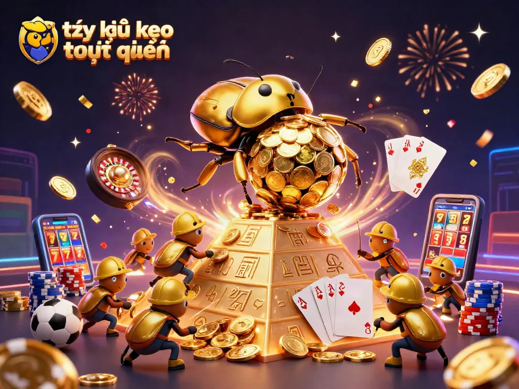 Engage with tỷ lệ kèo trực tuyến through vibrant 3D illustration of a golden dung beetle in action.