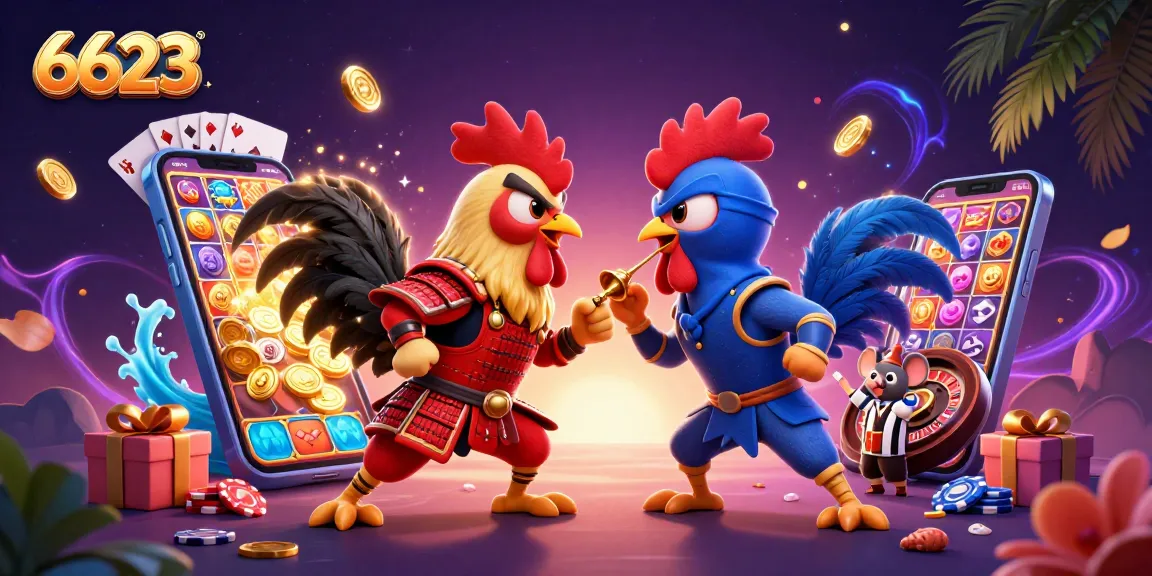 Experience the thrill of 6623 with action-packed roosters amidst vibrant casino elements.