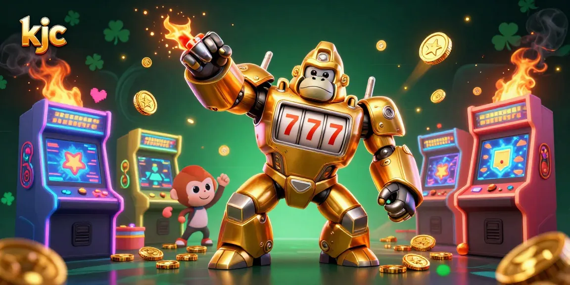 Experience thrilling entertainment at kjc with vibrant 3D casino elements and characters in an action-packed scene.