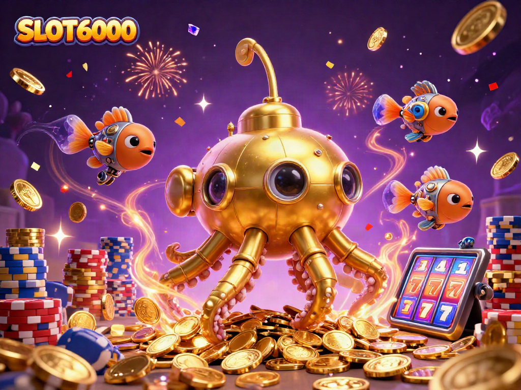 SLOT6000 unveils a vibrant underwater casino theme featuring a kraken submarine among golden coins and animated slot reels.