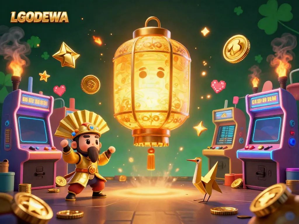 Experience the vibrant world of LGODEWA with a lively 3D scene featuring golden lantern spirits and arcade games.