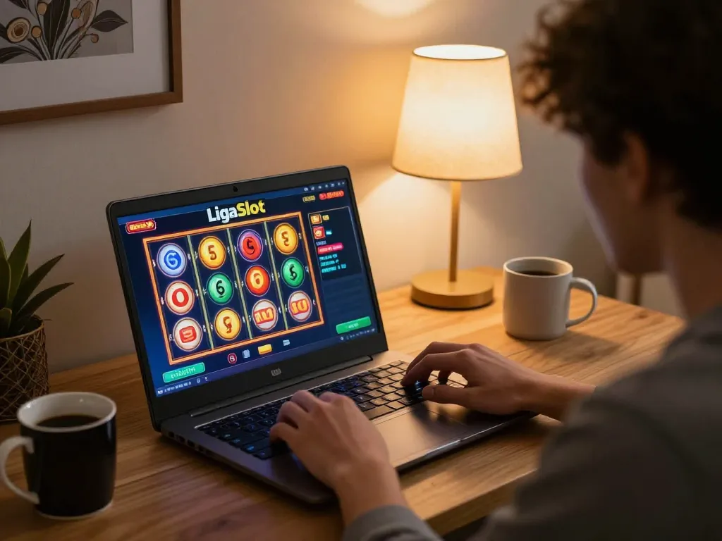 Agen Slot online gameplay session on a laptop with vibrant reels in a cozy room