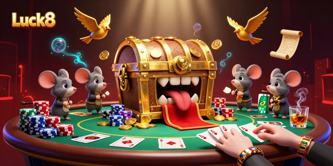 Luck8 treasure chest enticing adventurer mice with poker elements and shimmering casino atmosphere.