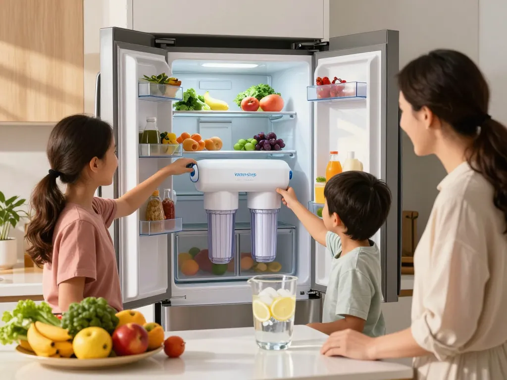 Family discussing the importance of clean water while replacing the Waterdrop UKF8001 Refrigerator Water Filter 4 in a modern kitchen.