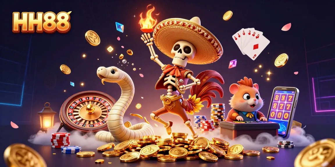 Join the excitement at HH88 with vibrant casino characters dancing among golden winnings.