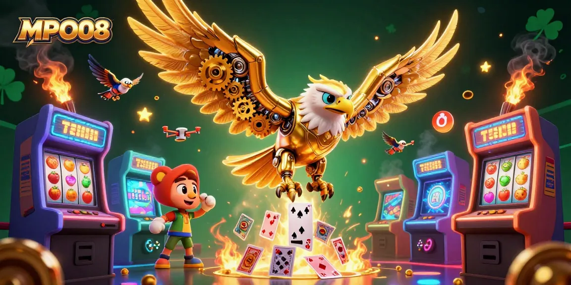 Experience the excitement of MPO08 with a golden eagle amidst vibrant gaming elements and slot features.