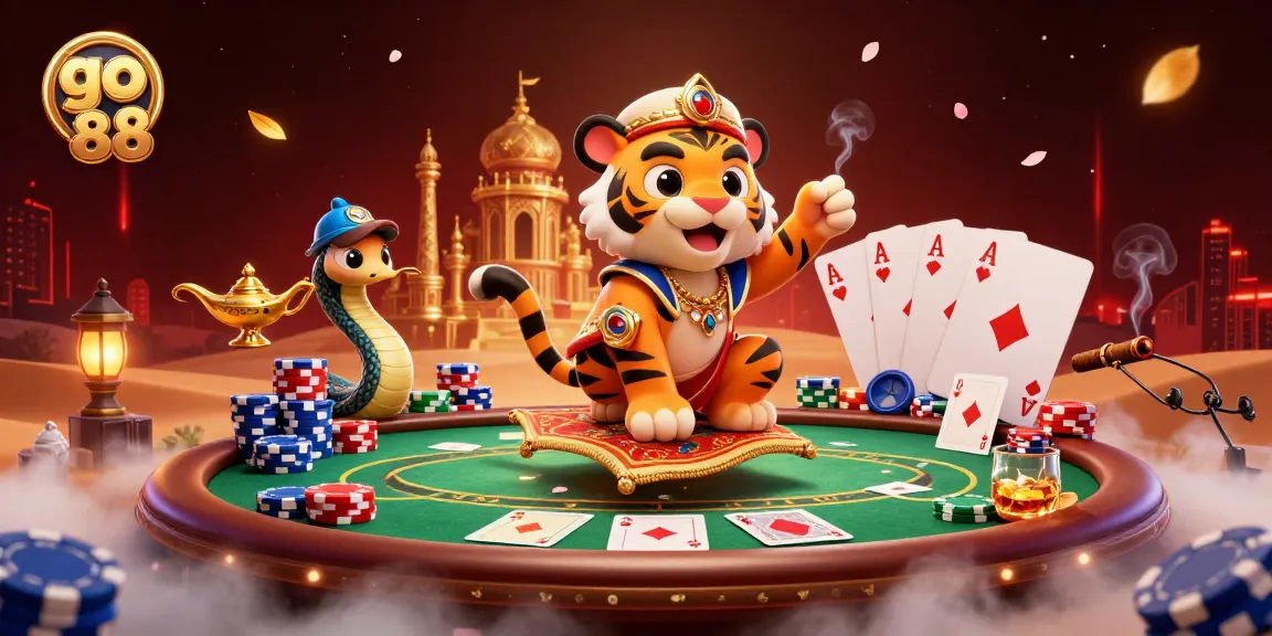 Experience thrilling wins at go 88 with a vibrant 3D casino scene filled with poker elements and characters.