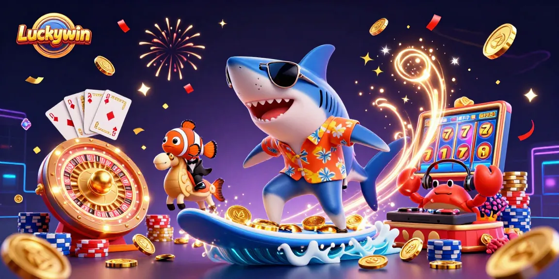Luckywin offers thrilling casino visuals with a cartoon shark riding gold coins, enhancing gaming excitement.