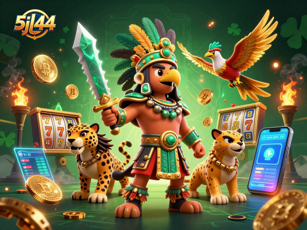 Engage with 5jl44 in a vibrant casino scene featuring Aztec warriors and cryptocurrencies.