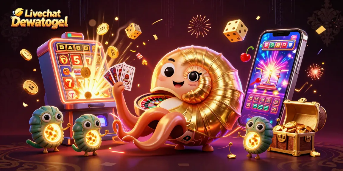 Experience the excitement of Livechat Dewatogel with a vibrant 3D casino scene filled with games and rewards.
