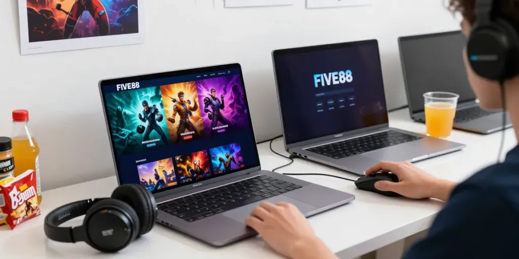 Engaging player explores the FIVE88 online gaming platform with vibrant graphics and accessories.
