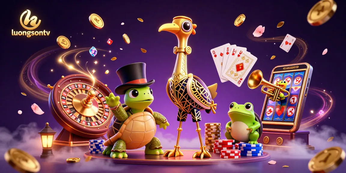 Experience thrilling gameplay with luongsontv as golden coins and colorful poker chips cascade around vibrant characters.