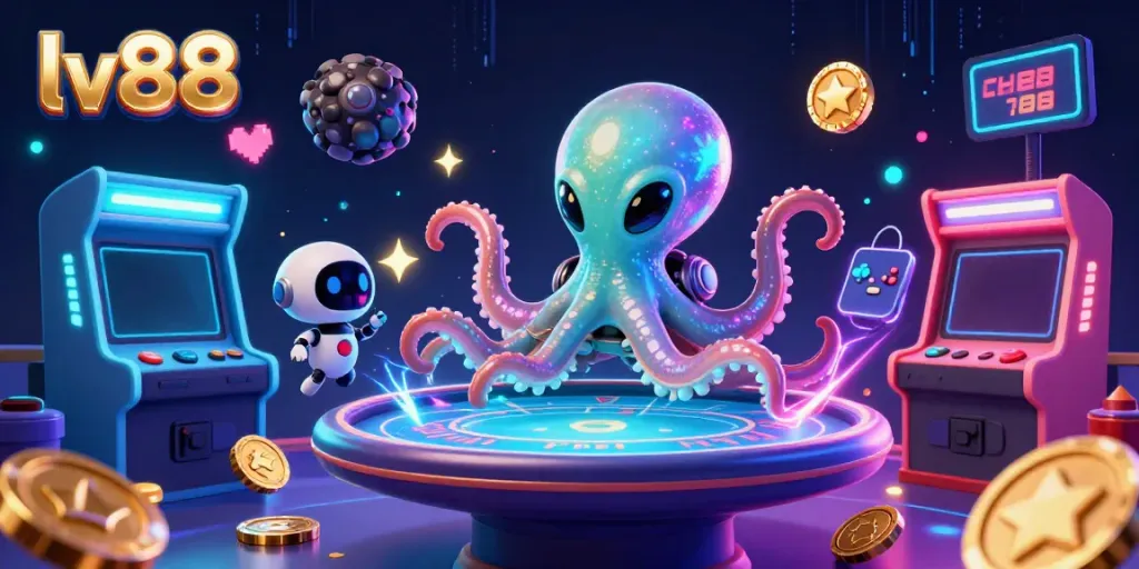 Engage with thrilling 3D gaming action at lv88 featuring an alien octopus at a poker table.