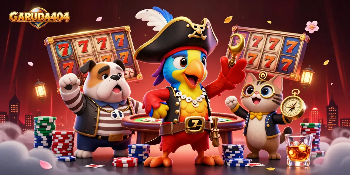 Experience thrilling gaming with GARUDA404 in an ultra-detailed casino scene featuring cartoon characters and vibrant slot elements.