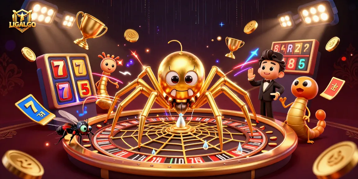 LIGALGO platform showcases an exciting scene with a golden spider and colorful slot elements spinning bets.