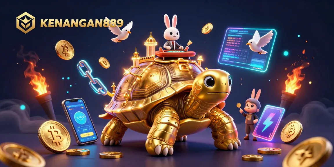 Play thrilling games at KENANGAN889 with golden tortoise casino illustration filled with vibrant coins and action.