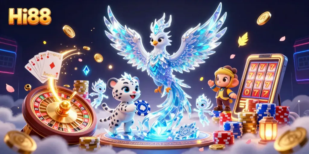 Experience Hi88's casino magic with an ice phoenix and glowing sprites among golden coins.