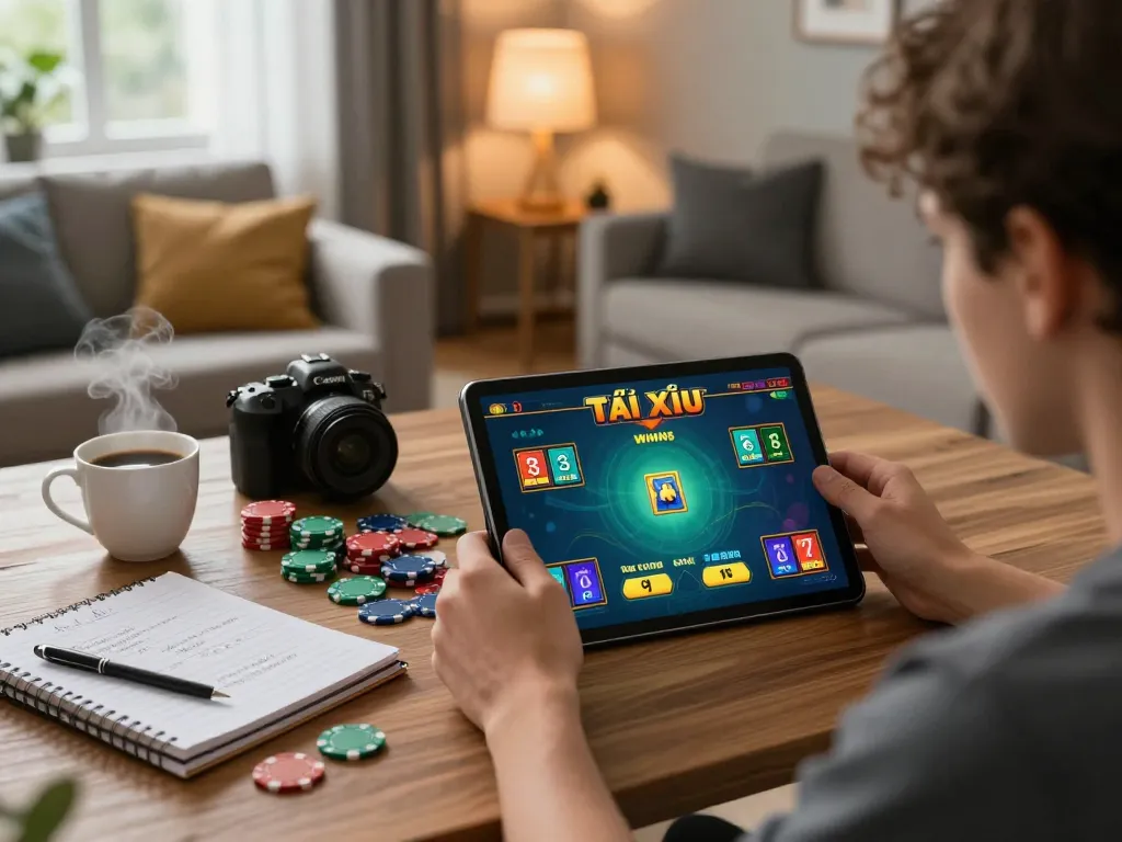 Tai xiuonline8 player engaging with winnings on a tablet, showcasing a vibrant game interface and betting strategies.