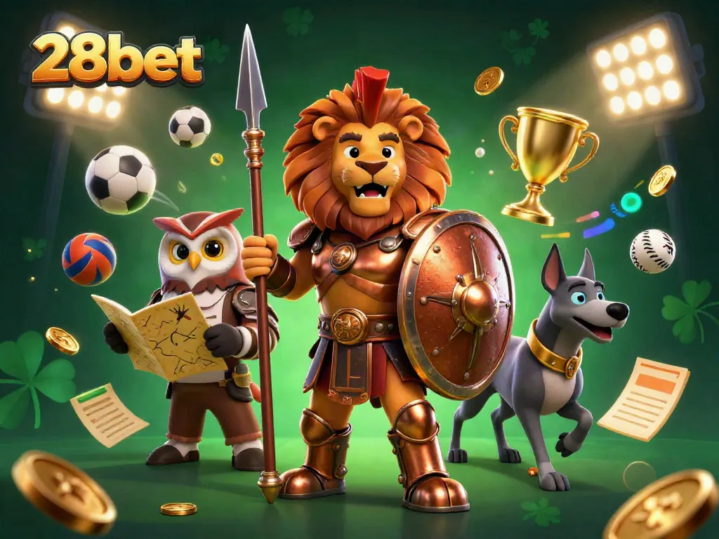 Engage in dynamic betting action with 28bet, featuring a Spartan lion and sports elements.