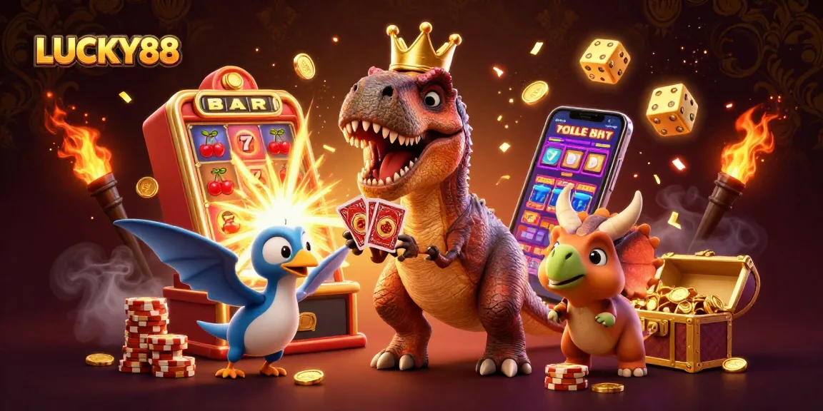 LUCKY88 players enjoy thrilling jackpot slots with a 3D T-Rex and friends in a vibrant casino scene.