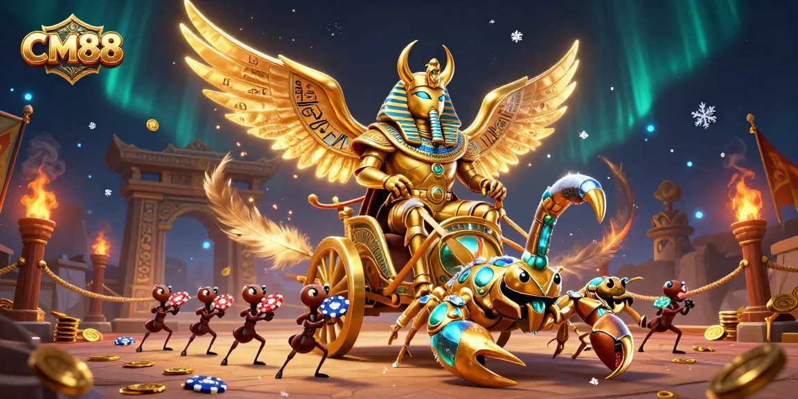 CM88 engages players with a dynamic 3D casino world featuring a golden scarab, scorpions, and poker chips.