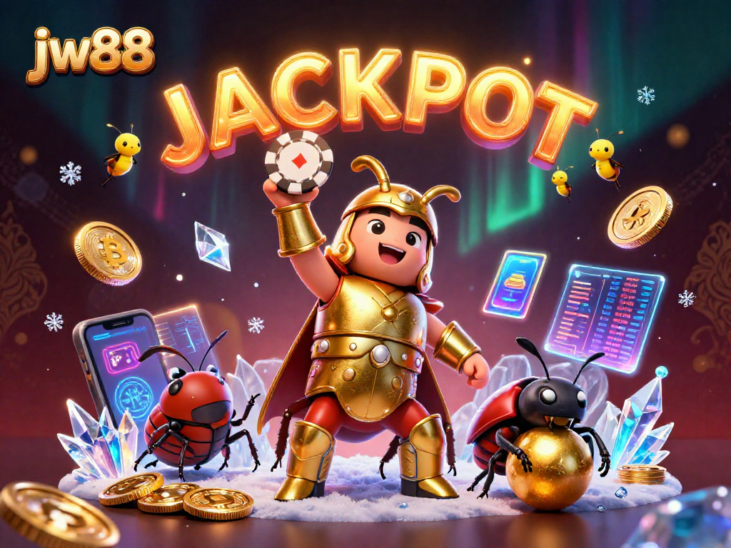 Play and win at jw88 with a victorious beetle character celebrating a jackpot amidst vibrant casino elements.