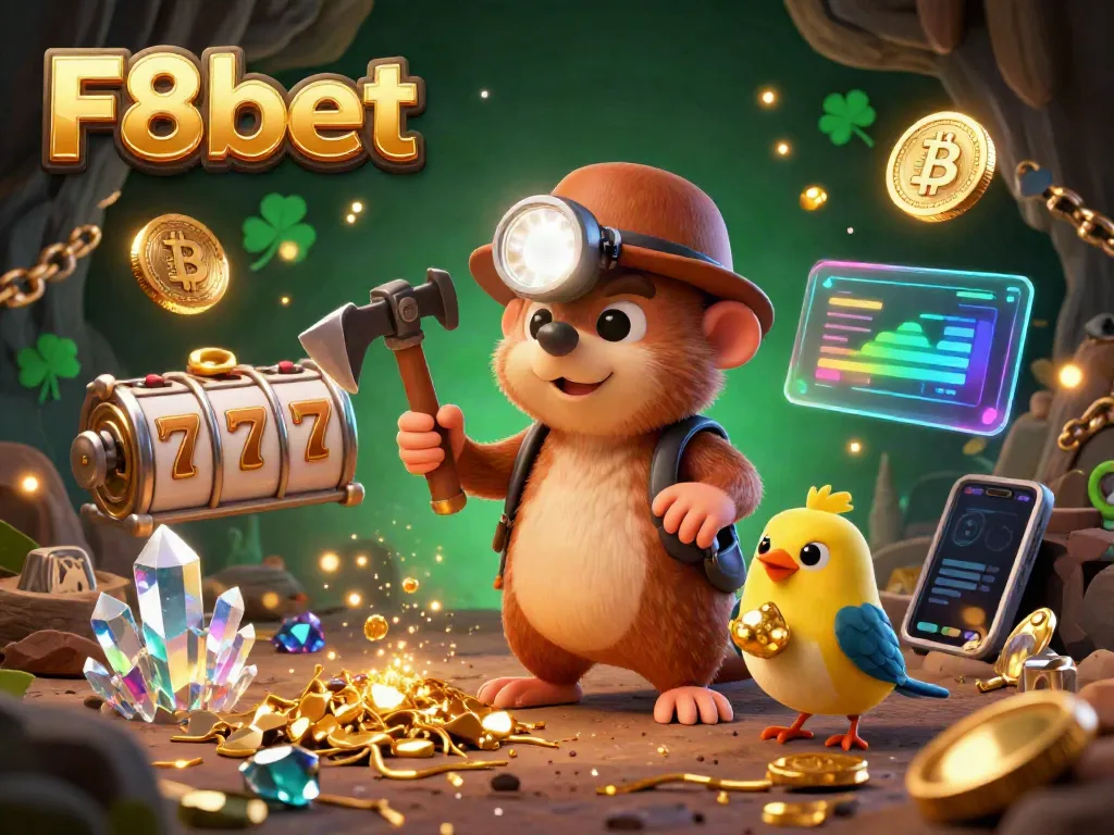 Engage with thrilling casino action featuring F8bet, a vibrant 3D scene of a treasure hunter mole amid dazzling gems and crypto elements.