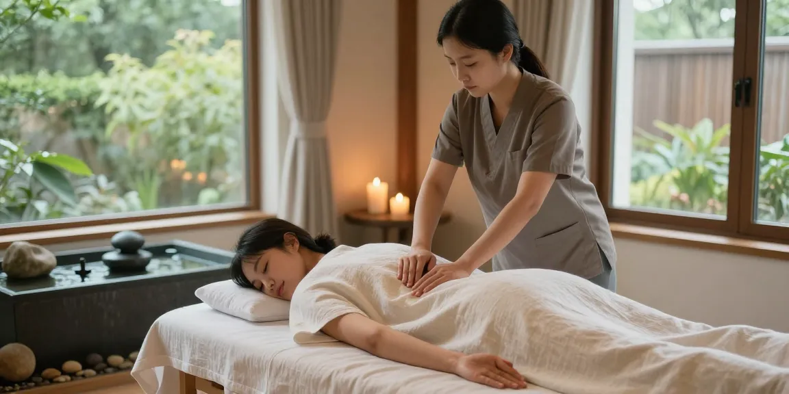 Relaxing wellness retreat scene highlighting 성남출장안마 with massage therapist, candles, and calming nature.