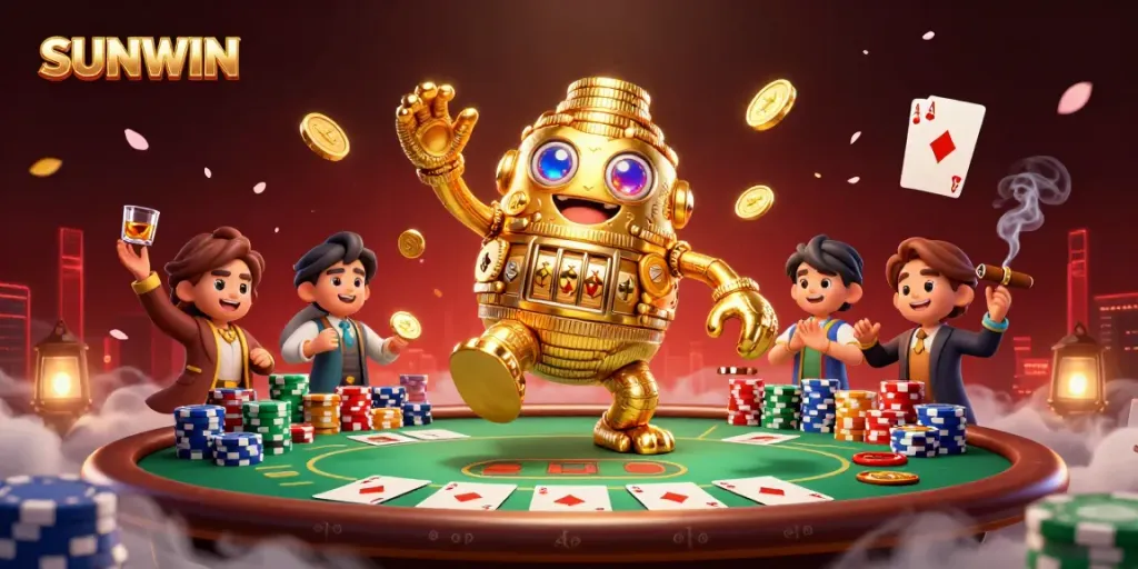 Experience SUNWIN with a dynamic scene showcasing a golden golem and vibrant poker game elements.