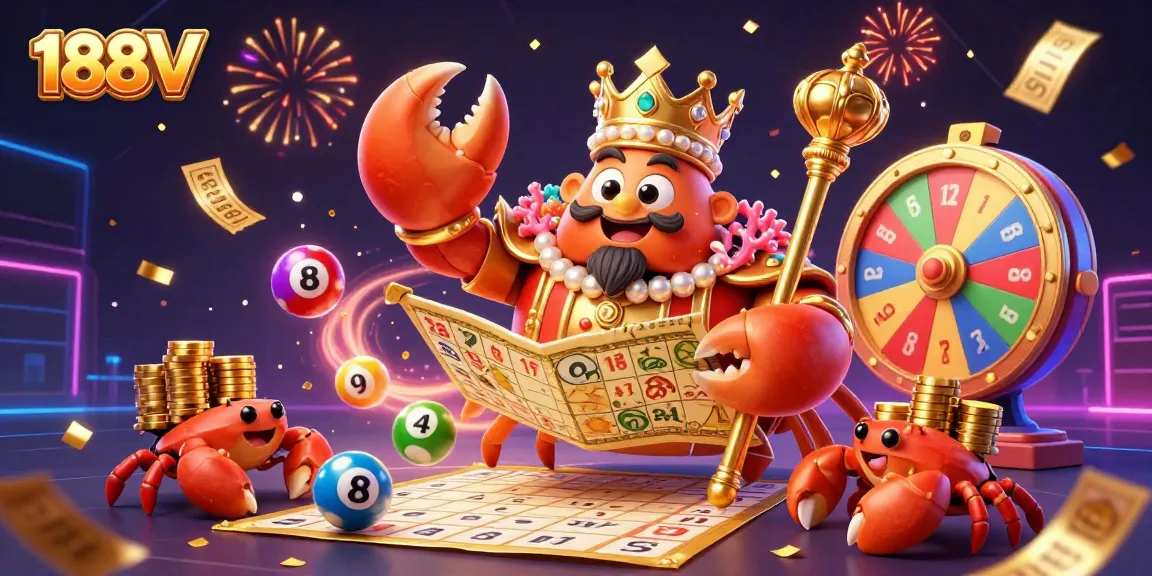 Experience the thrilling world of 188V casino with vibrant visuals of a golden crab emperor, celebrating wins amidst colorful games.
