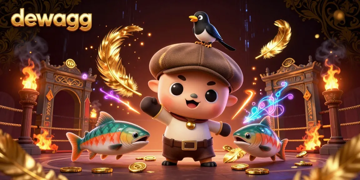 Experience thrilling bets with dewagg featuring Nessie, a playful magpie, and tartan salmon in a vibrant casino scene.