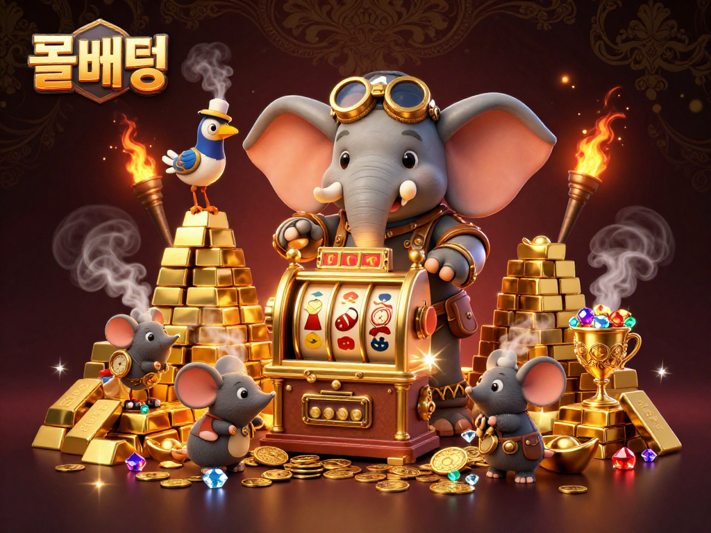 Experience thrilling 롤배팅 with a steampunk elephant and treasures in a 3D illustrated scene.
