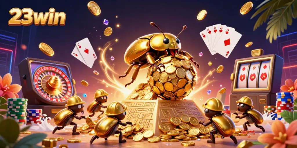 Engage with 23win's exciting 3D cartoon casino scene featuring vibrant gaming elements.