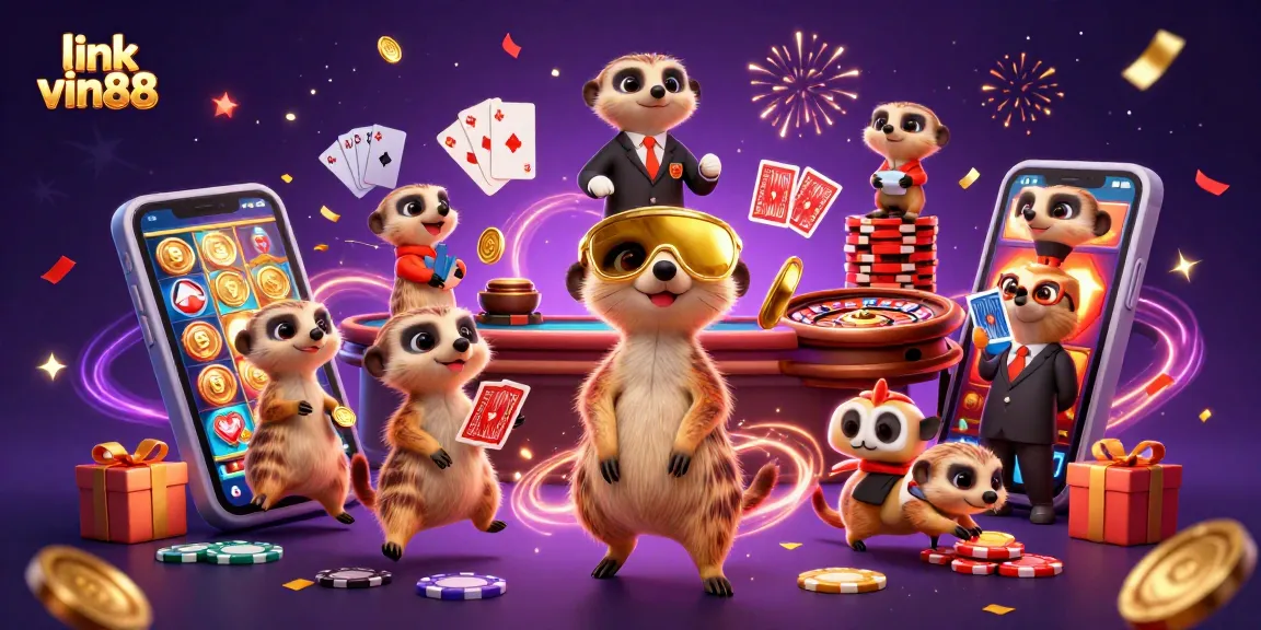Play thrilling games with link vin88 in a vibrant 3D meerkat casino operation scene filled with excitement and color.