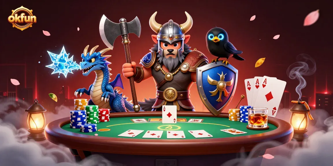 Engage in thrilling poker at okfun with a Viking warrior, dragon, and raven in a dazzling 3D casino scene.