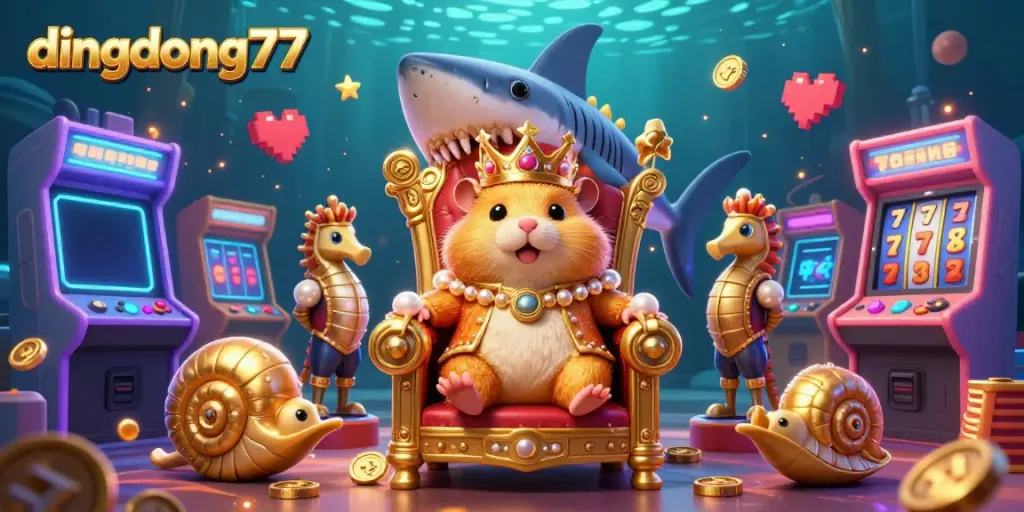 Experience the vibrant excitement of dingdong77, where a golden hamster king rules amidst colorful gaming elements.