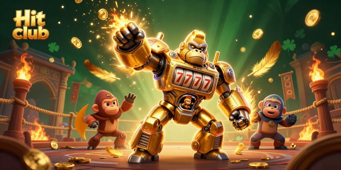 Hit club illustration featuring a golden mech and monkey pilot amidst vibrant casino elements and gold shimmers.