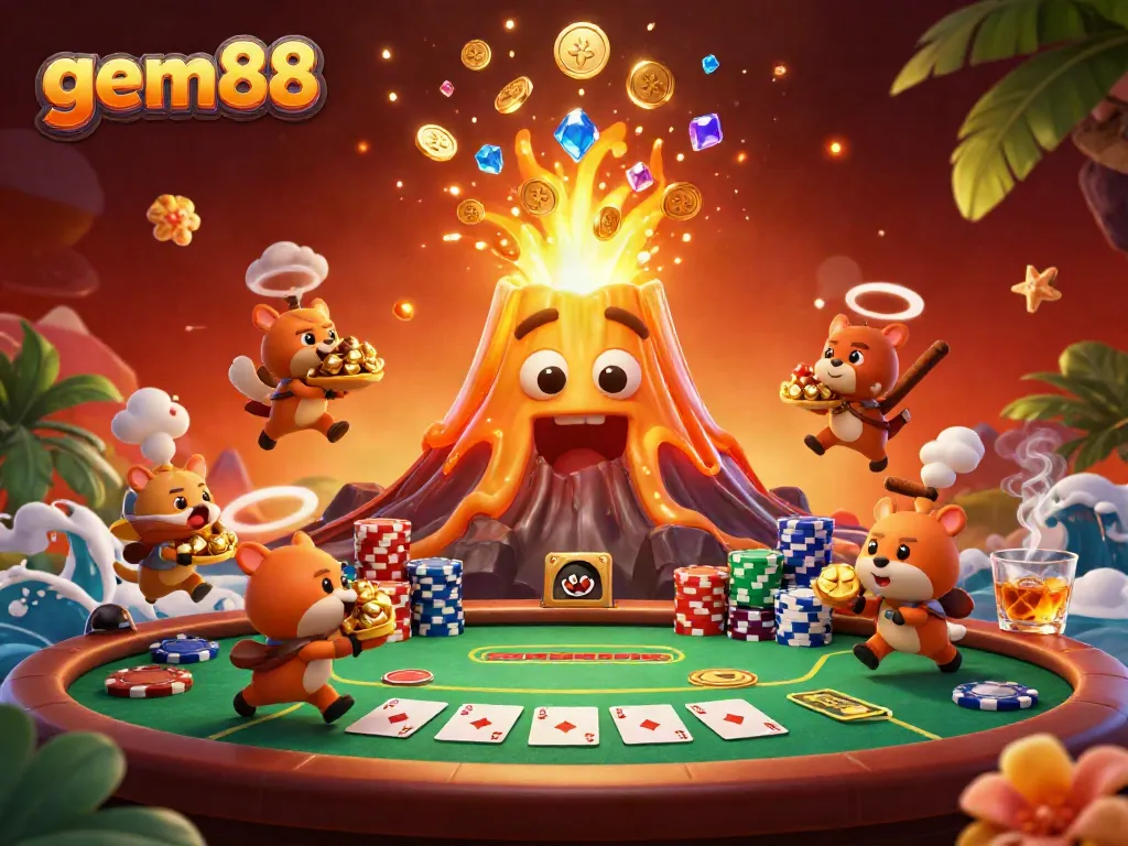 Engage with gem88's exciting online gaming world adorned with vibrant treasures and triumphant scenes.