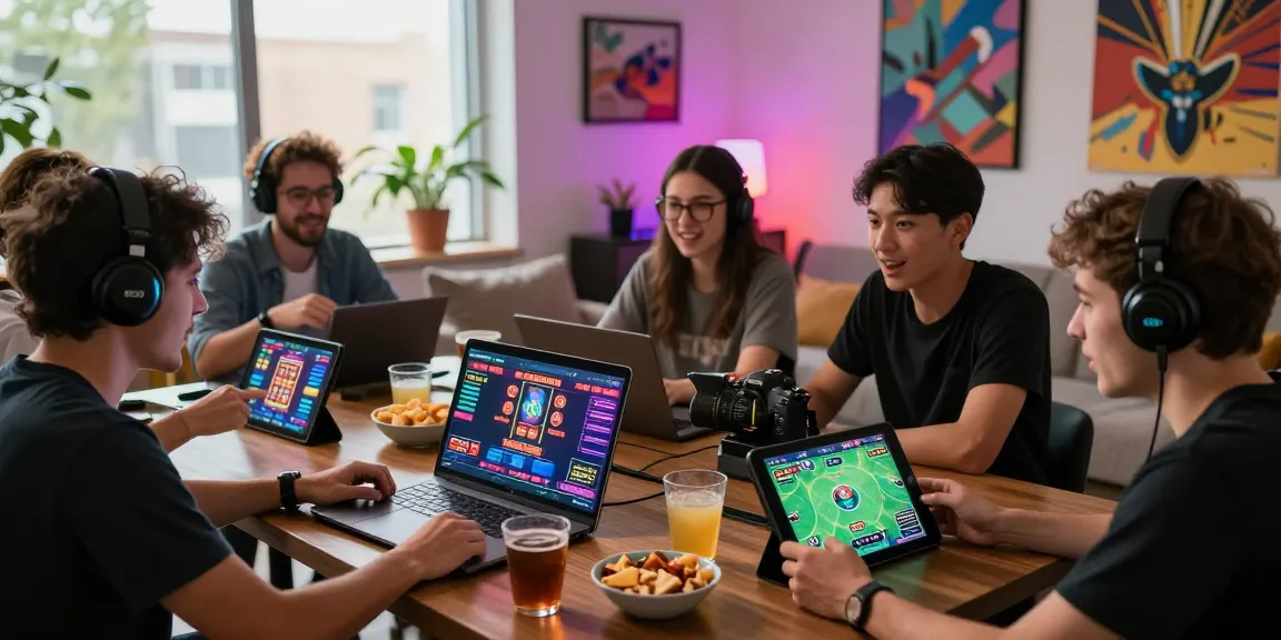 Friends enjoying a thrilling B52 gaming experience with vibrant game screens and snacks in a lively home setting.