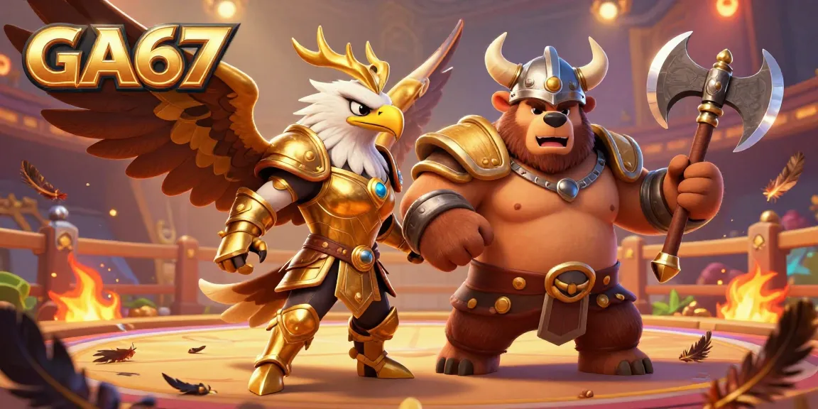 Experience the intensity of GA67's cockfighting arena with Valkyrie and Viking characters battling dynamically.