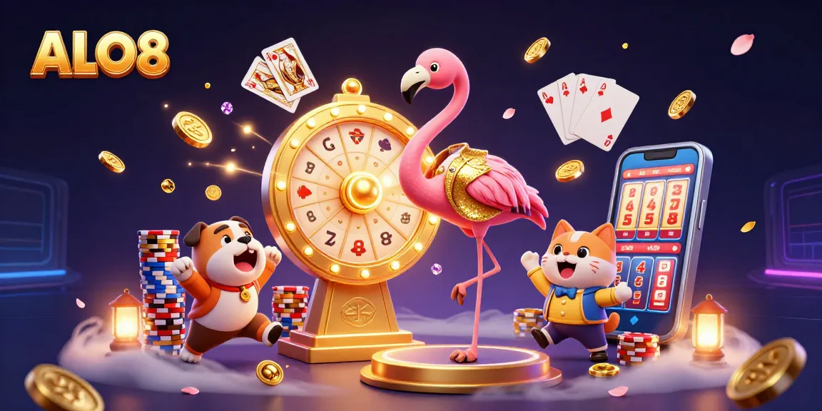 Engaging ALO8 scene with spinning prize wheel, lucky bulldog contestant, and vibrant casino elements.