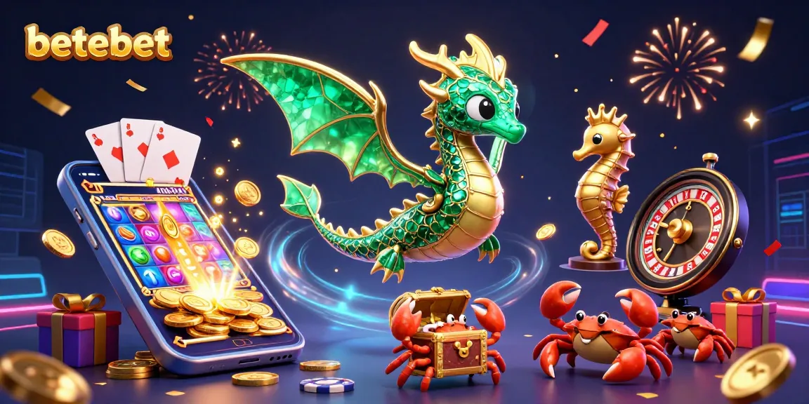 Betebet's vibrant 3D casino illustration showcasing a sea dragon, royal seahorse, and treasure chest with dynamic gaming elements.