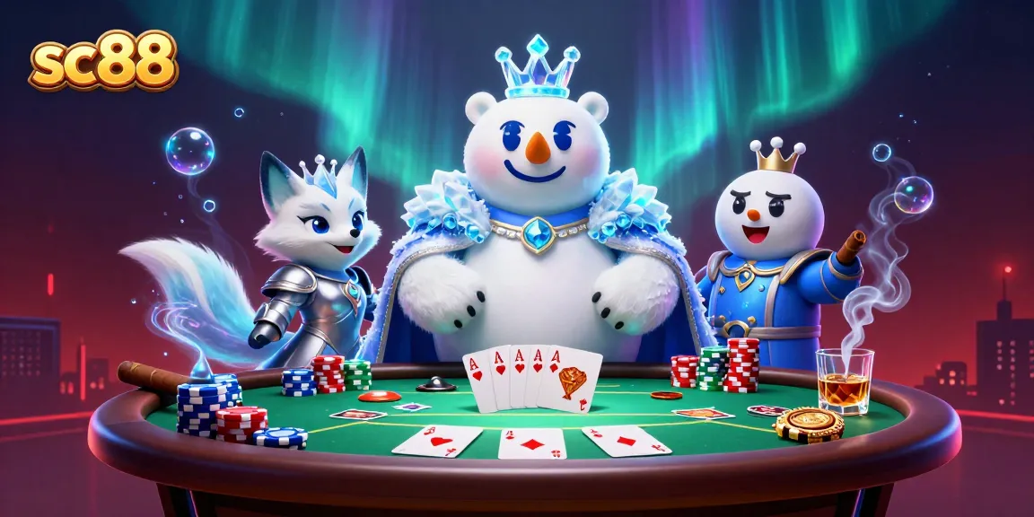 Engage with thrilling moments at sc88 with a royal poker scene showcasing a cartoon ice king and fox.