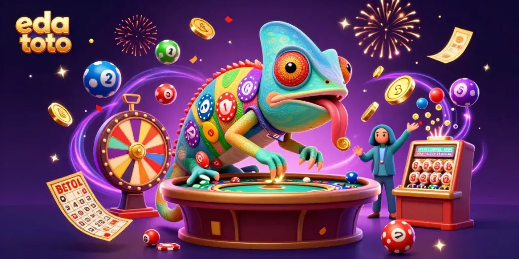 Enjoy vibrant eda toto scenes of a chameleon casino owner and colorful lottery elements in action.