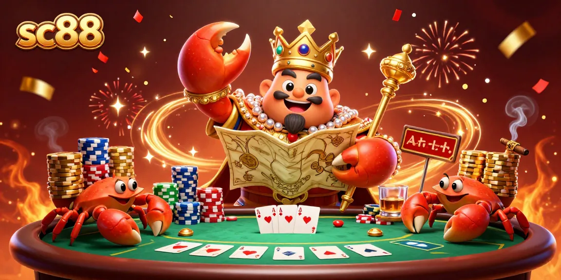 Engage in stunning sc88 action with a golden crab emperor surrounded by poker excitement.