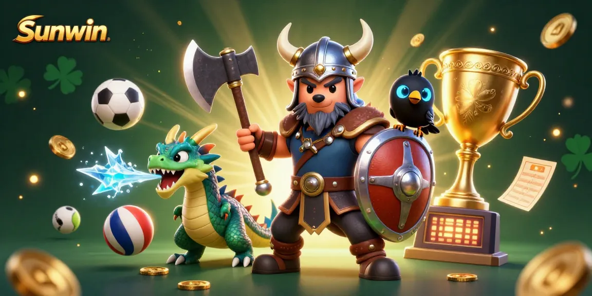 Sunwin showcases epic gaming action with a Viking warrior, dragon, and sports elements.