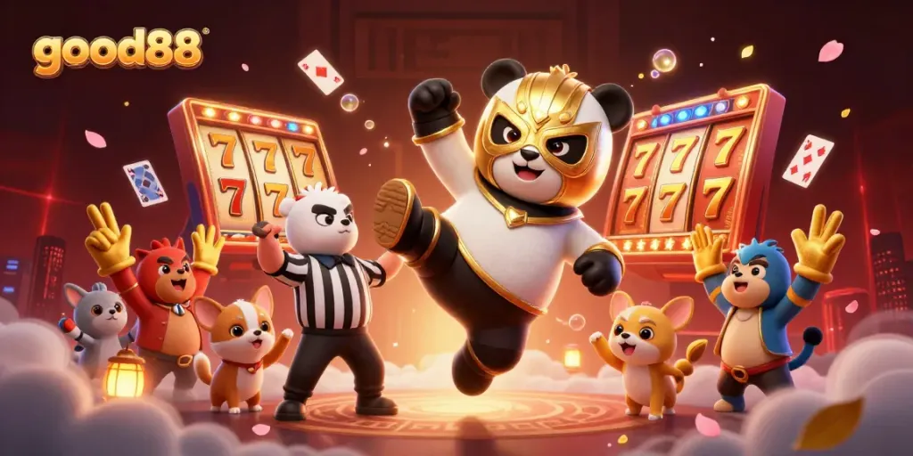 Engage with exciting good88 gameplay featuring a panda wrestler and dynamic gambling elements.