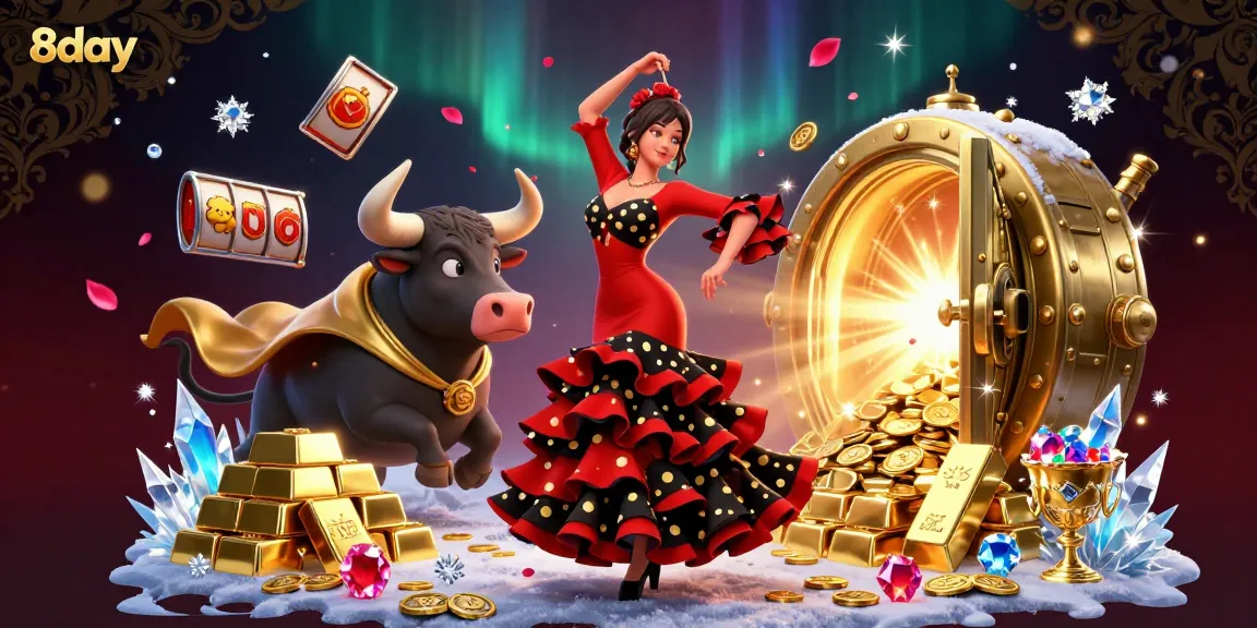 Engage in thrilling 8day casino games with a dramatic scene featuring a flamenco dancer and a bull.